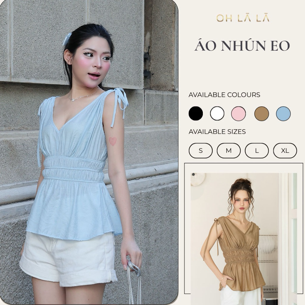 เสื้อเบลาส์เอว Peplum สีเบจของผู้หญิง Ohlala – เสื้อคอวีสไตล์เกาหลี