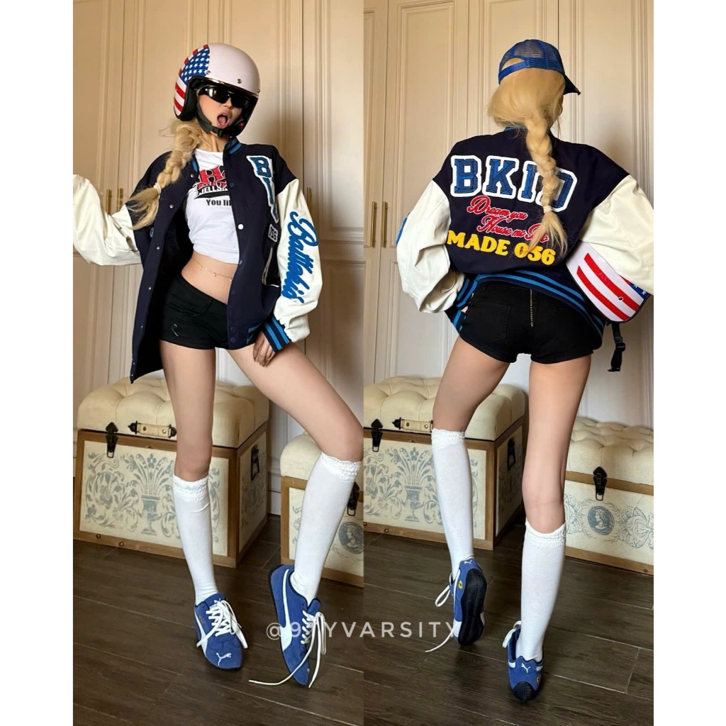 Made Battlekid 056 Bomber Varsity Jacket ผู้ชายและผู้หญิง Unisex Felt หนังโลโก้ปัก 2 ชั้น