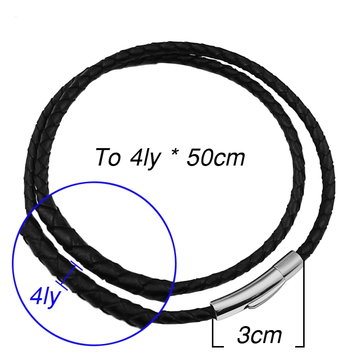DN103 สร้อยคอหนังสีดํา 4 มม. แท้พร้อมหัวเข็มขัดไทเทเนียม