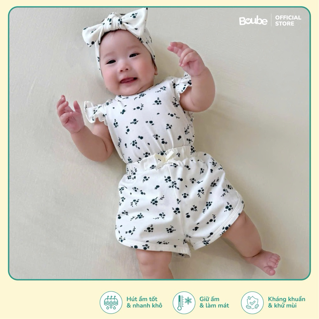 บอดี้ชิป จั๊มสูททรงสามเหลี่ยมแขนระบายลายดอกไม้สําหรับเด็กแรกเกิดและเด็กทารกหญิง โบube ผ้าคอตตอนออร์แ