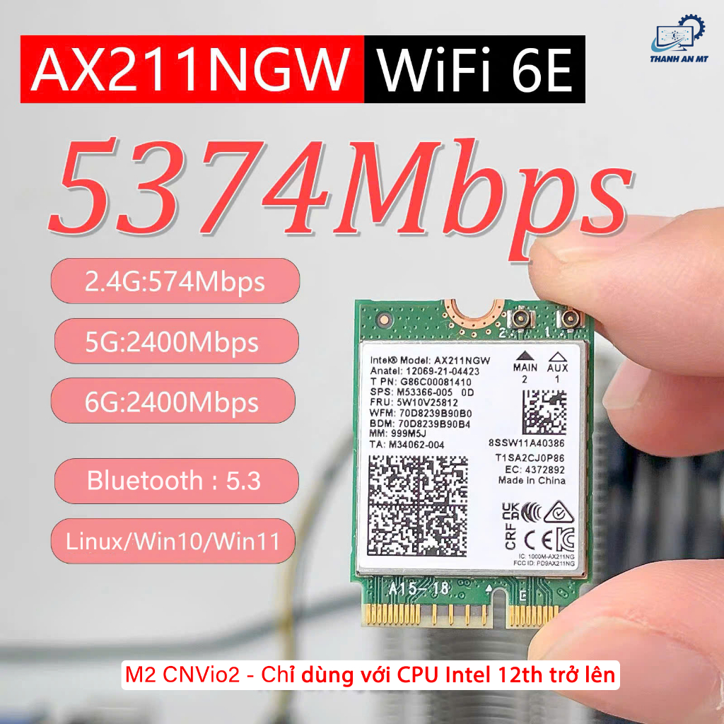 การ์ด Intel Wi-Fi 6E AX211 NGW (คีย์ E) CNVio2 WIFI ของแท้พร้อมบลูทูธในตัว 5.3