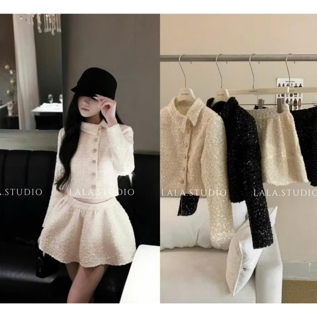 Apnea•LALASTUDIO• ชุด 2 ชิ้น| เสื้อคลุมเย็นคอปกเปิดลงมีกระดุมและกระโปรงบานพร้อมกางเกงป้องกันทวิต บลิ