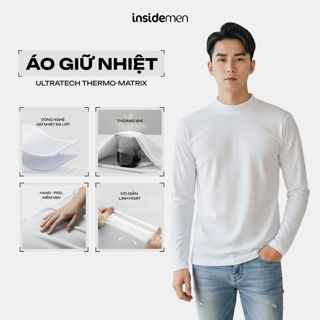 [ใหม่] Insidemen - เสื้อยืดกันความร้อนสีขาวสําหรับผู้ชาย เสื้อกันความร้อนคอปกสูง 2 นิ้ว ให้ความอบอุ่