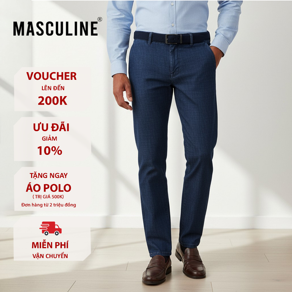 MASCULIN MJRC54 กางเกงยีนส์ผู้ชาย - Regular Form กระเป๋าแนวทแยงทําจากผ้าฟลีซผ้าฝ้ายยืดสวมใส่สบาย