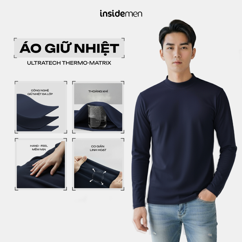 [ใหม่] Insidemen - เสื้อยืดกันความร้อนผู้ชาย เสื้อกันความร้อนคอปกสูง 2 นิ้ว สีฟ้าถ่าน ให้ความอบอุ่นไ