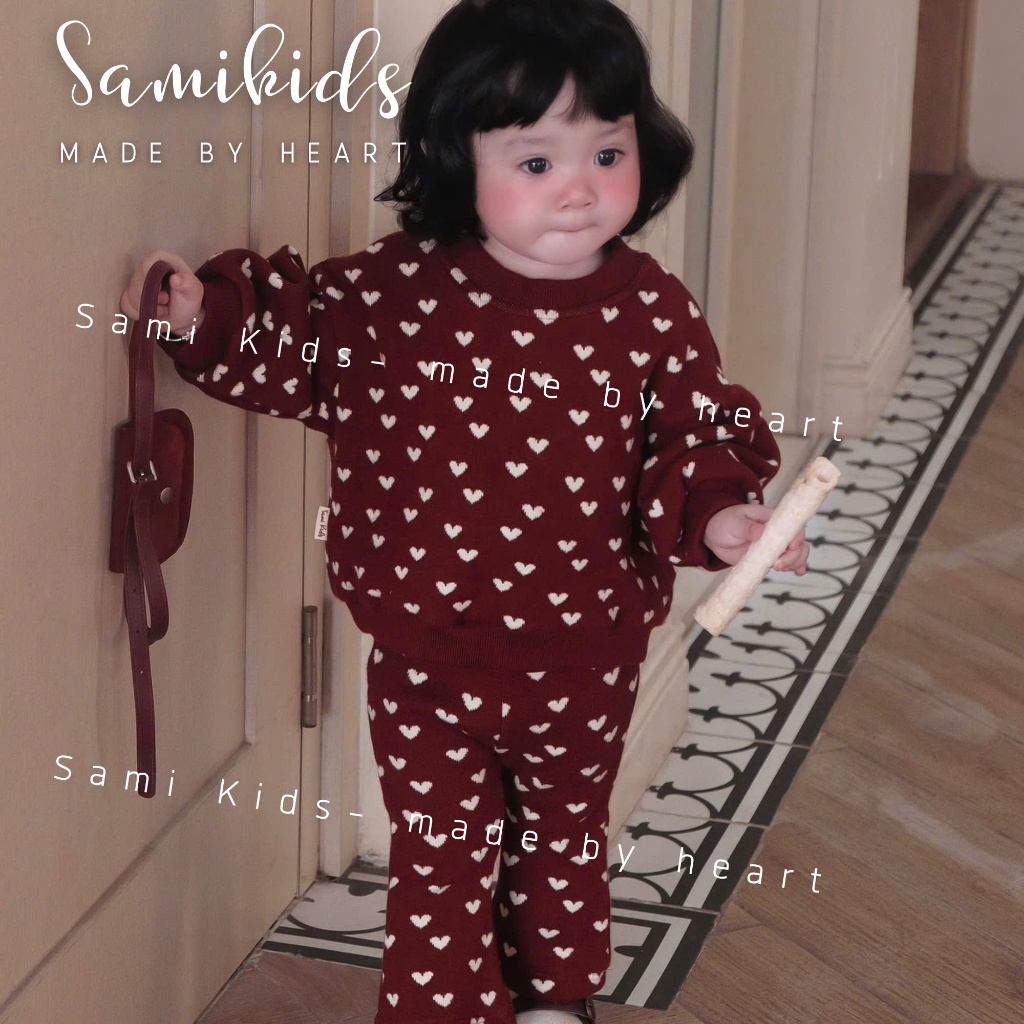 MIMIO.HN SHOP ชุดไหมพรมแขนยาวรูปหัวใจของเด็กผู้หญิงพร้อมกางเกงบาน เนื้อหนา นุ่ม วัสดุไม่ระบาย 6-16kg