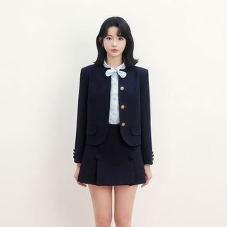 Áo khoác dáng lửng tay dài phối cúc tiểu thư, áo blazer nữ cổ tròn xanh than T-MIA A-VEST39