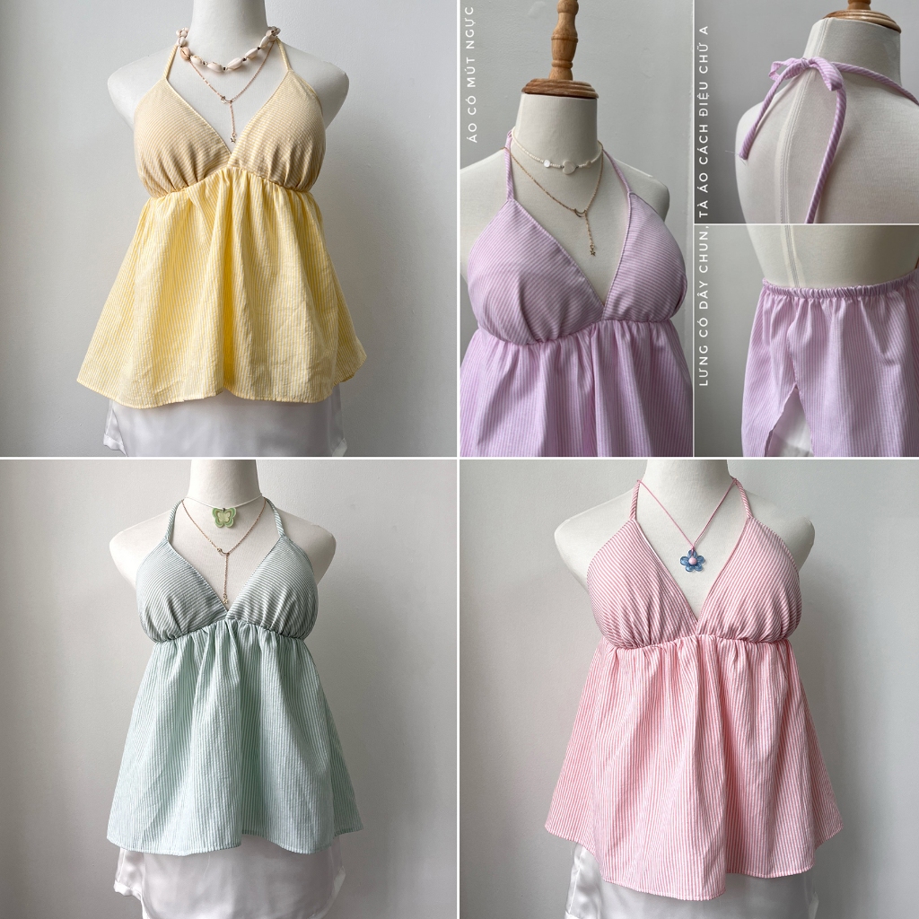 (Pantsyla) - BABYDOLL Striped 2-Tie Neck Top for Beach, Going Out - With Chest Pad, Slim Fit Open เอ