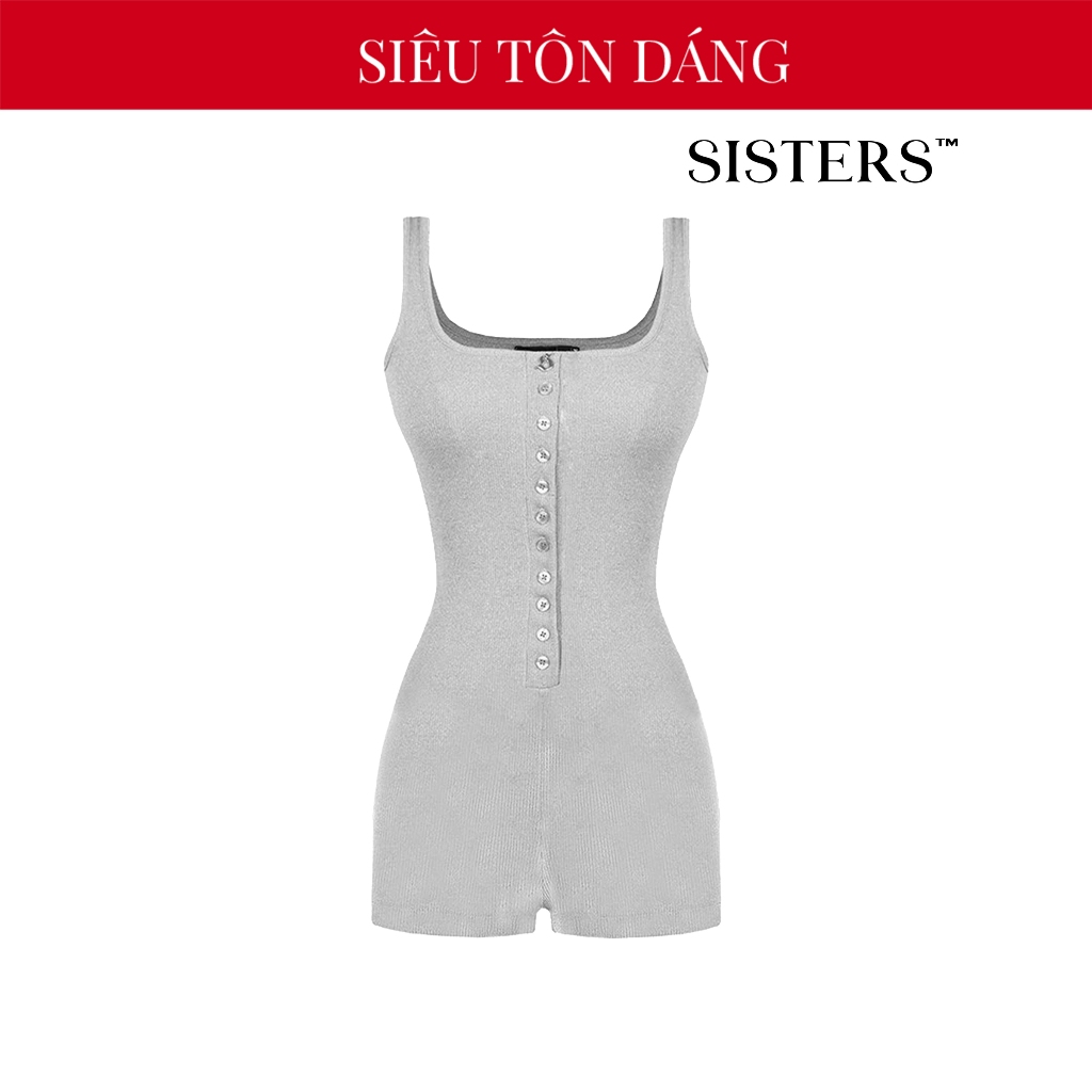 จั๊มสูทผู้หญิงคอเหลี่ยมโชว์อกน้องสาว กระดุม ดีไซน์ 2 สาย แผงเทาใหญ่มีโลโก้สแตนเลส กอด บลานช์| SS4-J7