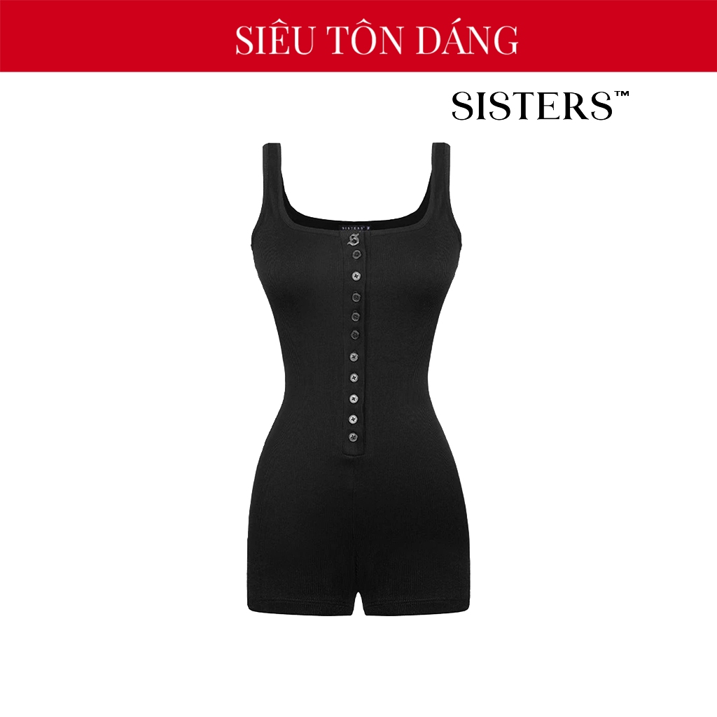 จั๊มสูทผู้หญิงคอเหลี่ยมโชว์อกซิสเตอร์มีกระดุมดีไซน์แผงสีดําใหญ่2ตัวติดโลโก้สแตนเลสรัดรูป บลานช์| SS4