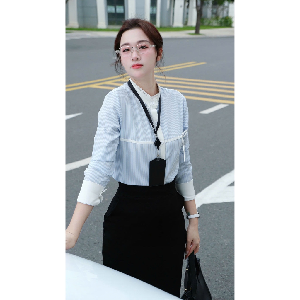 La Merci - KIM - เสื้อเชิ้ตวัสดุ Kate Han แบบนุ่ม สไตล์ผู้หญิงสําหรับทํางานและเล่น A15 Blue Coffee W