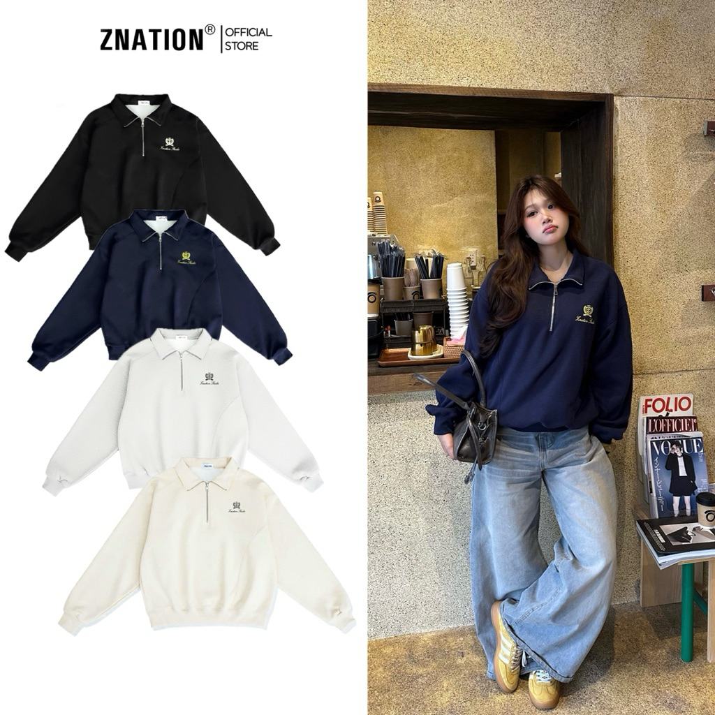 ZNATION Form Boxy Zip Collar Sweater สําหรับผู้ชายและผู้หญิงพิมพ์ลายผ้าไหม