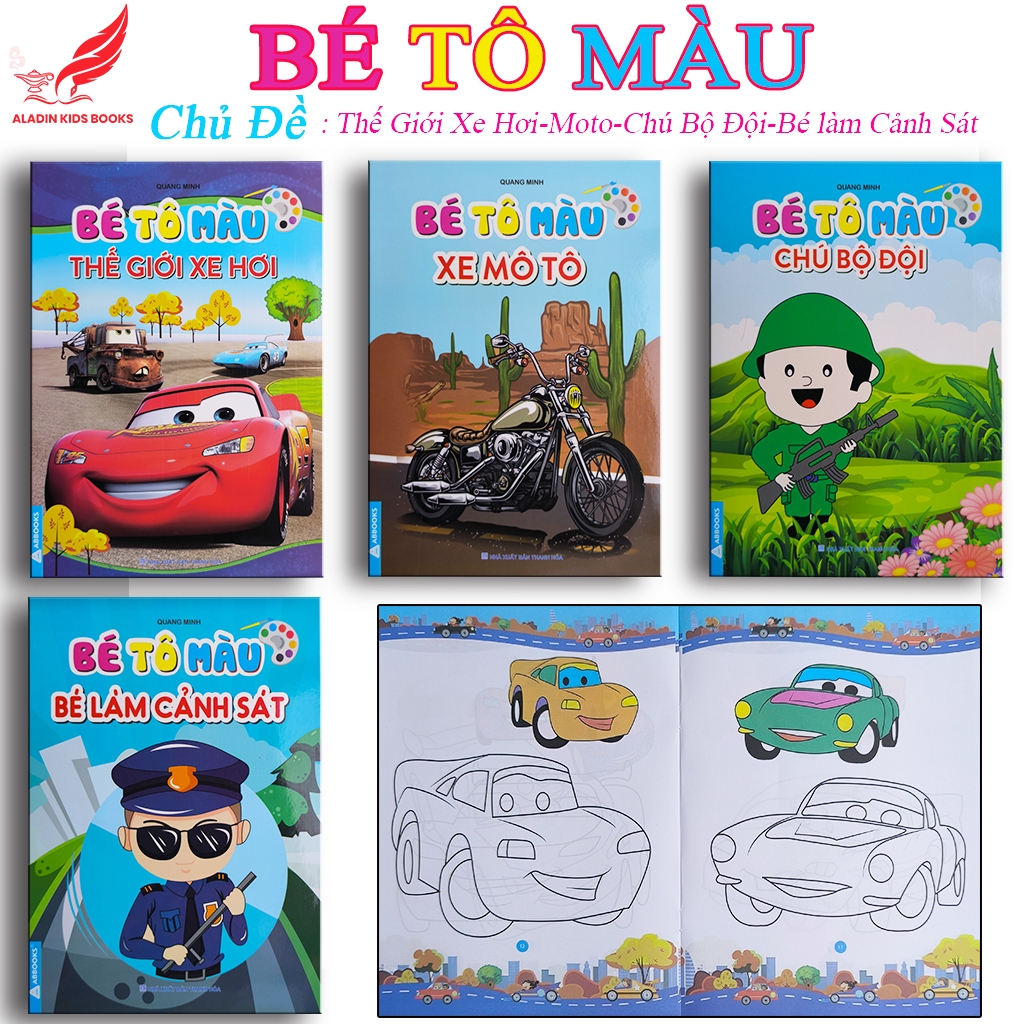หนังสือ - ชุดสมุดระบายสี 4 เล่มสําหรับเด็กที่มีธีมของรถยนต์ - รถจักรยานยนต์ - ทหาร - เด็กเป็นตํารวจ