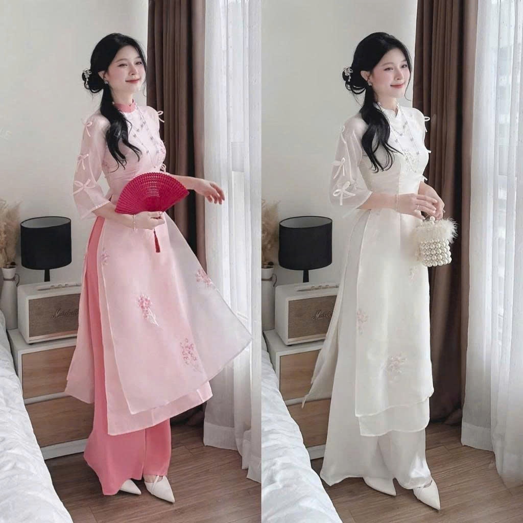 นวัตกรรม ao dai Set WITH PANTS สําหรับฤดูใบไม้ผลิ 2026 ผ้าไหม ao dai ปักดอกเล็ก 2 ชั้น คอปกคอเต่า แข