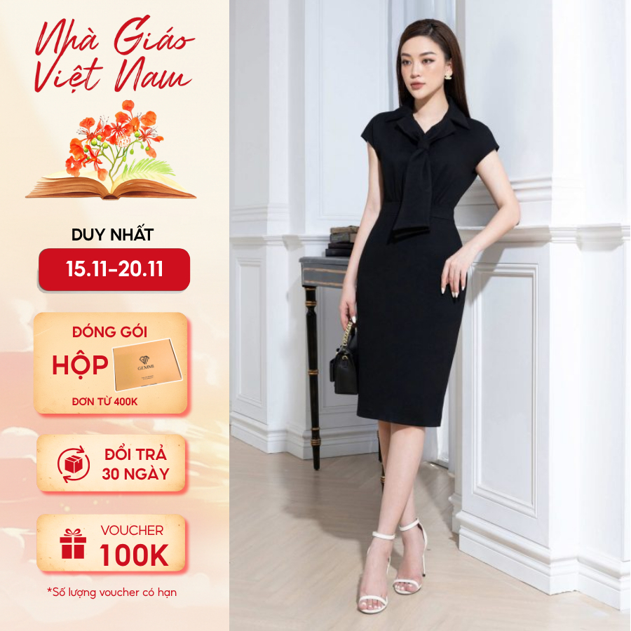 GEMMI เดรสยาวปาร์ตี้ออฟฟิศคอปกผูก 43-77KG เดรสยาวไซส์ใหญ่ | DK8499