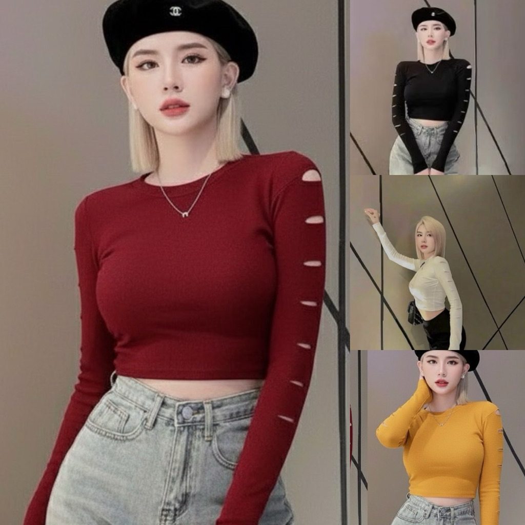 เสื้อยืดแขนยาวฉีกพร้อมเสื้อยืดฝอยน่ารัก HP RACH