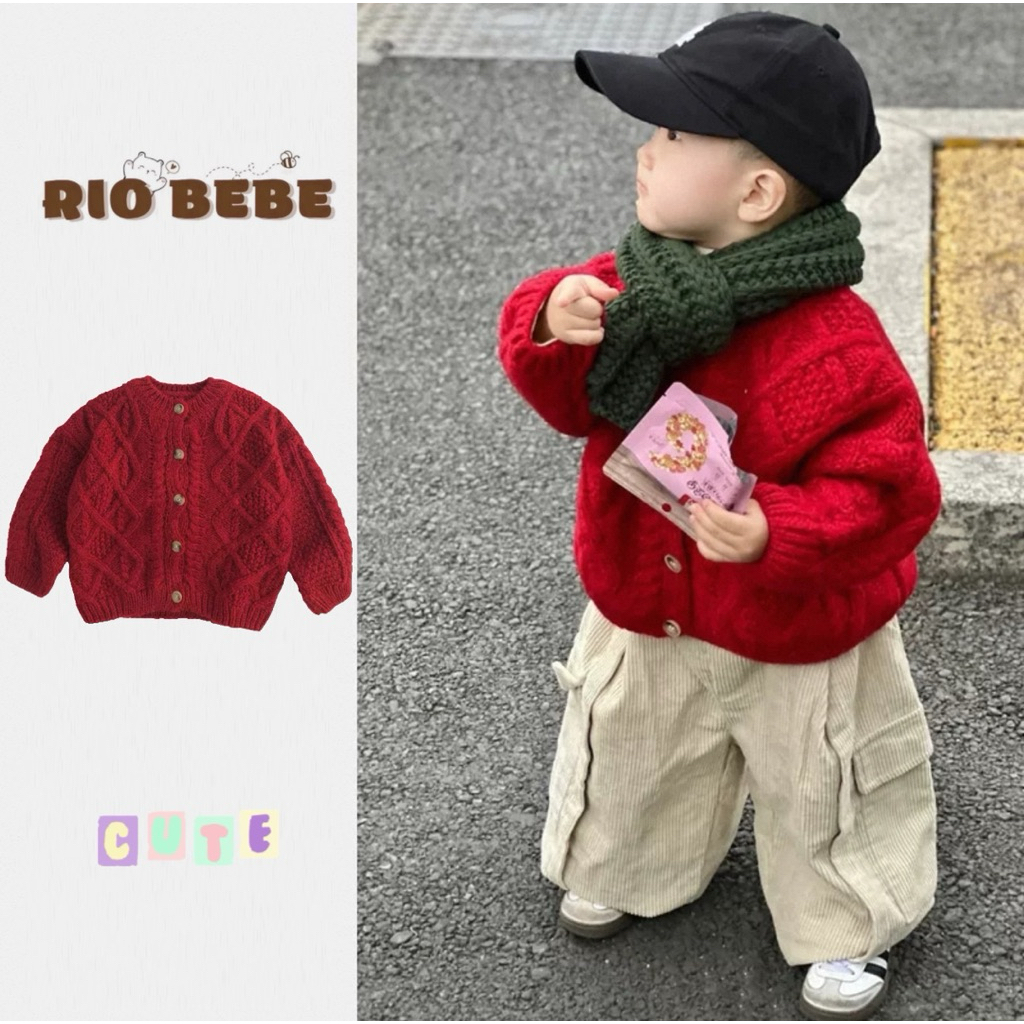 [QCCC/MQ] CDG เสื้อโค้ทผ้าวูลสีแดงลายเชือกทรงหลวมสําหรับเด็กสวมใส่สําหรับคริสต์มาสและพีซีปีใหม่เชื่อ