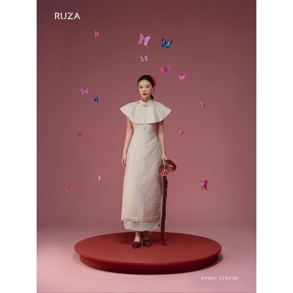 YEN CAU RUZA ผู้หญิง ao dai คล้องคอและแหลมทําจากวัสดุผ้า Orchid ลายละเอียดอ่อน ATF004 (ไม่รวมกระโปรง