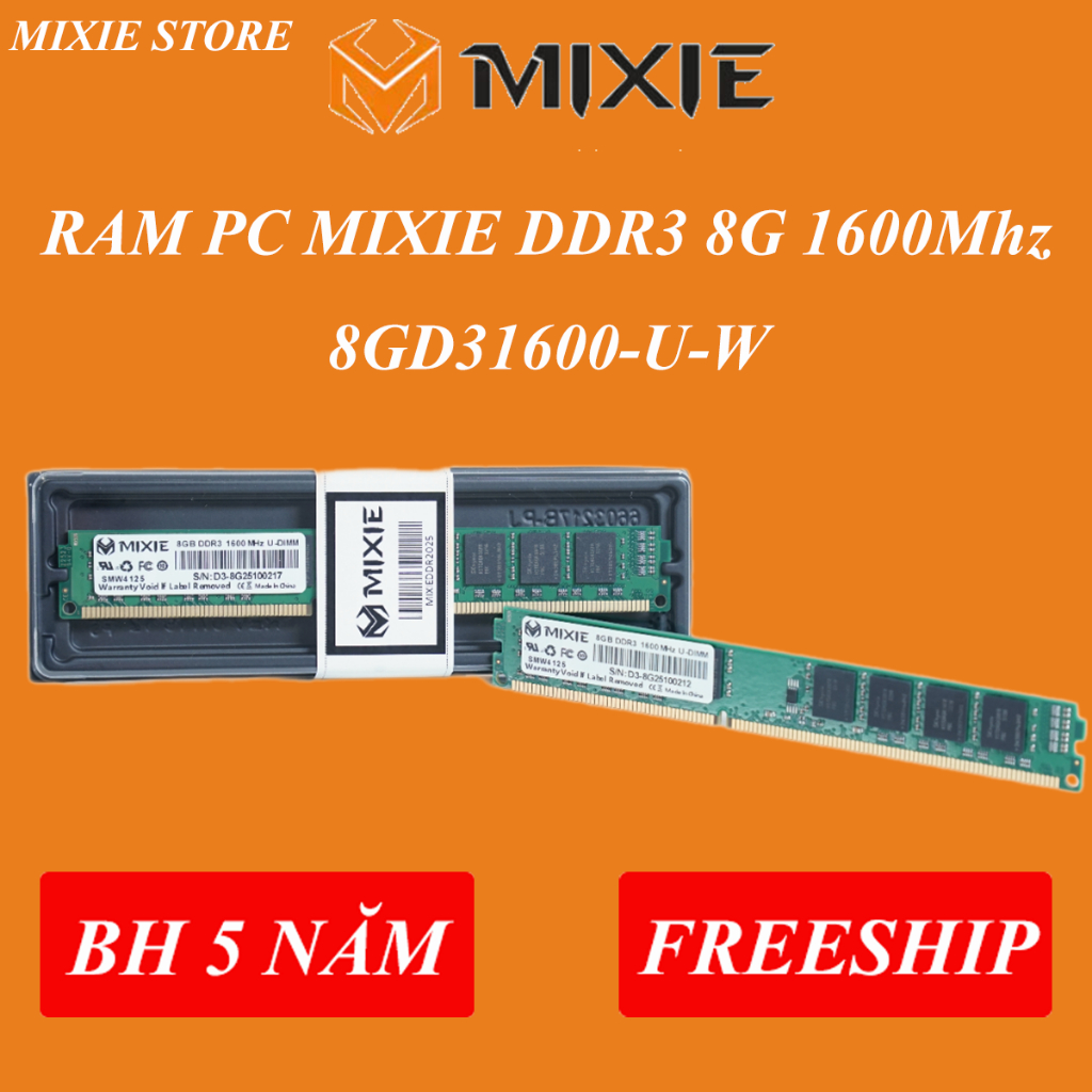 RAM PC MIXIE DDR3 8G 1600Mhz 8GD31600-U | เจดีซี มาตรฐาน | ไม่มีหม้อน้ํา | 60เดือน