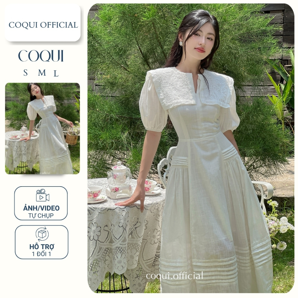 SWAN DRESS เดรสยาวแขนพัฟผู้หญิง - COQUI เดรสยาวหรูหราปกลูกไม้และแขนพัฟสั้นเลดี้หรูหรา