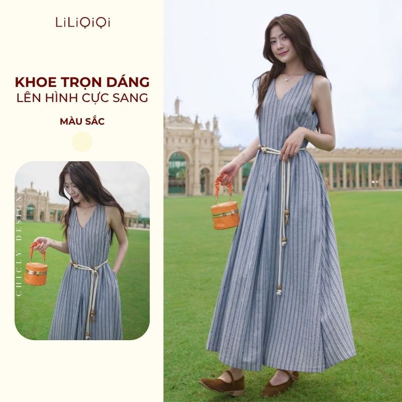 Luxury Designer Dress Womens Long Ladys Dress สีฟ้าลาย LiLiQi By LeeGi - DD998