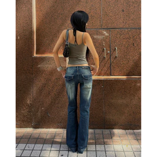 TWENTI กางเกงยีนส์เอวต่ำ ผ้ายืด ขาบาน ปักกระเป๋า