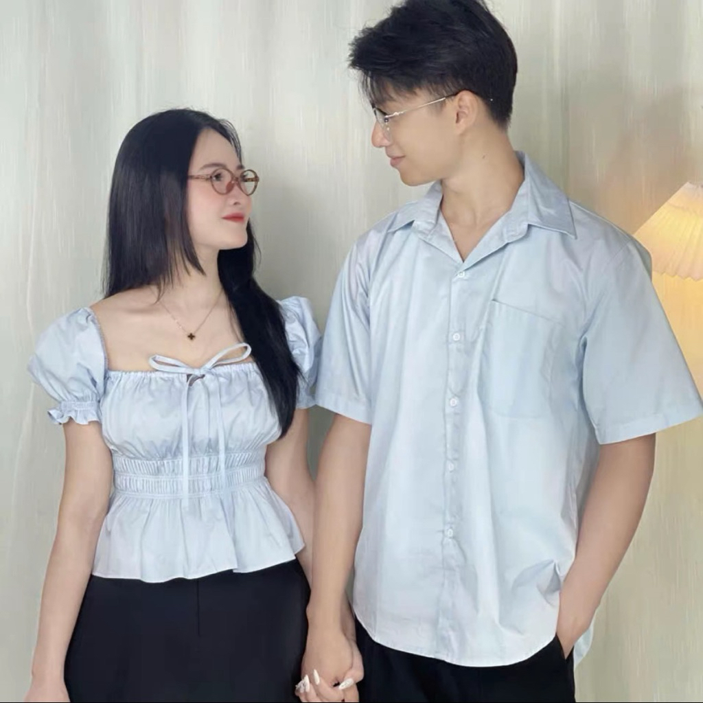ชุดคู่ เสื้อปาดไหล่คอเหลี่ยมผู้หญิง + เสื้อเชิ้ตผู้ชายวัสดุเดียวกัน