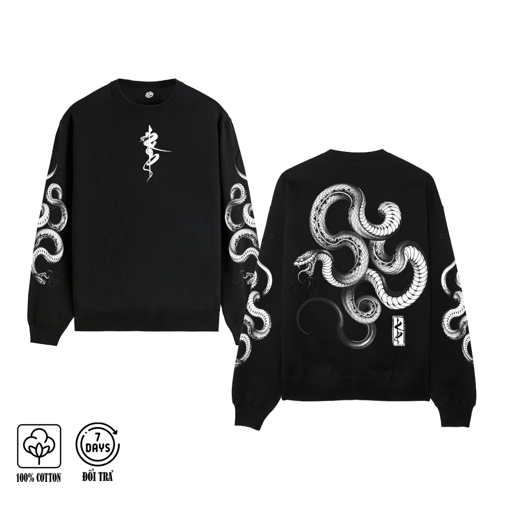 [KPstoreFashion]- Blackwork Tattoo Snake Hoodie และเสื้อกันหนาว - รูปแบบหลวมหนาอบอุ่นผ้าฝ้าย 100% สํ