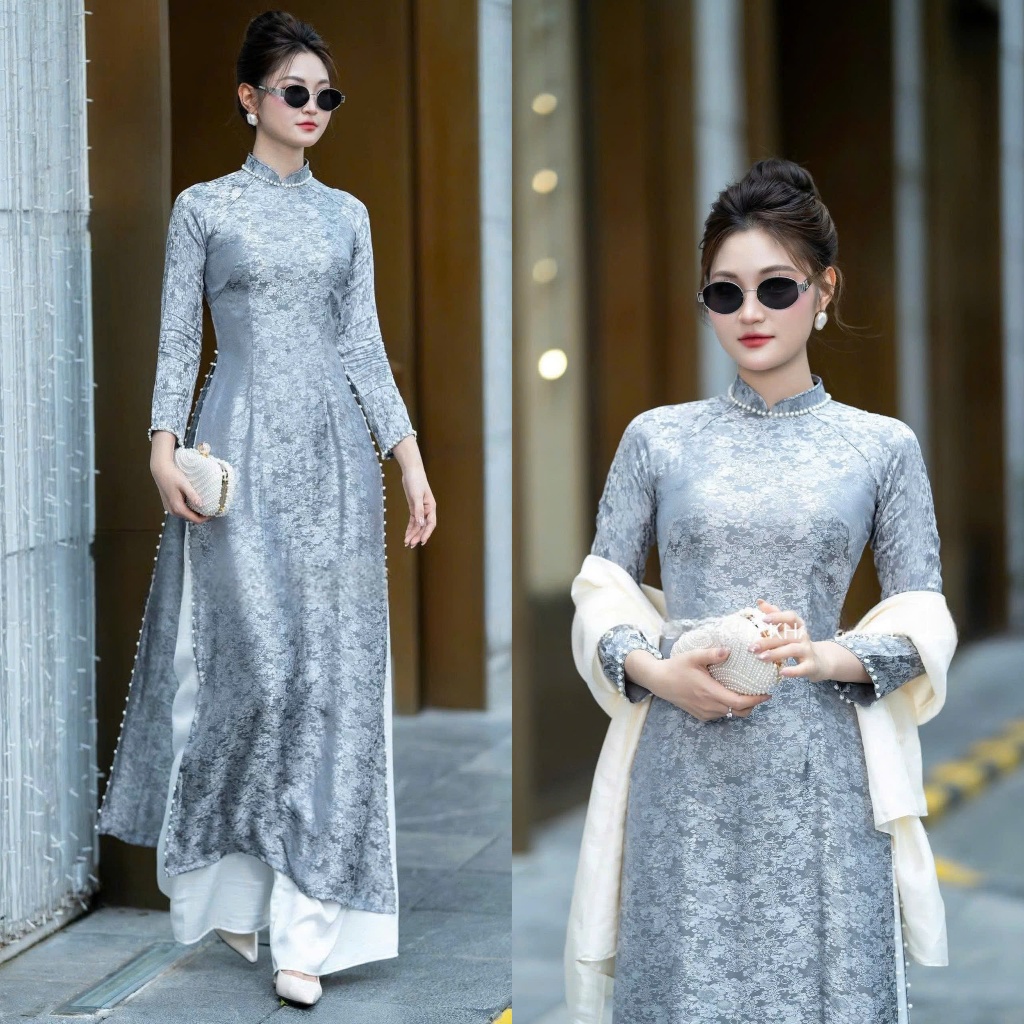 โบรเคดสีเทาอันสูงส่ง ao dai - Linh Dan Ao Dai