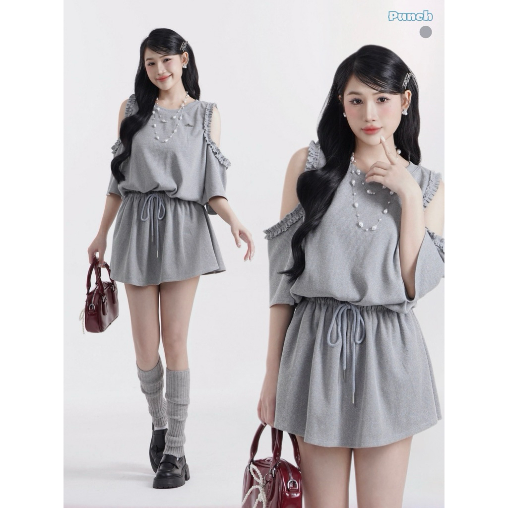 Punch woman off-the-shoulder rib drawstring DRESS - JULIE DRESS