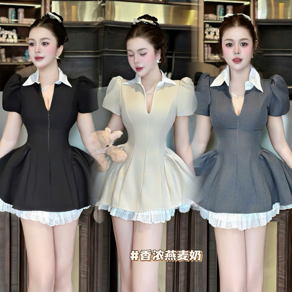 {BIG SIZE AVAILABLE} เดรส ROSA คอปกเชิ้ตบานทั้งสองด้านและกางเกงฟรี (สินค้ามาตรฐานจากโรงงาน Cat Xinh