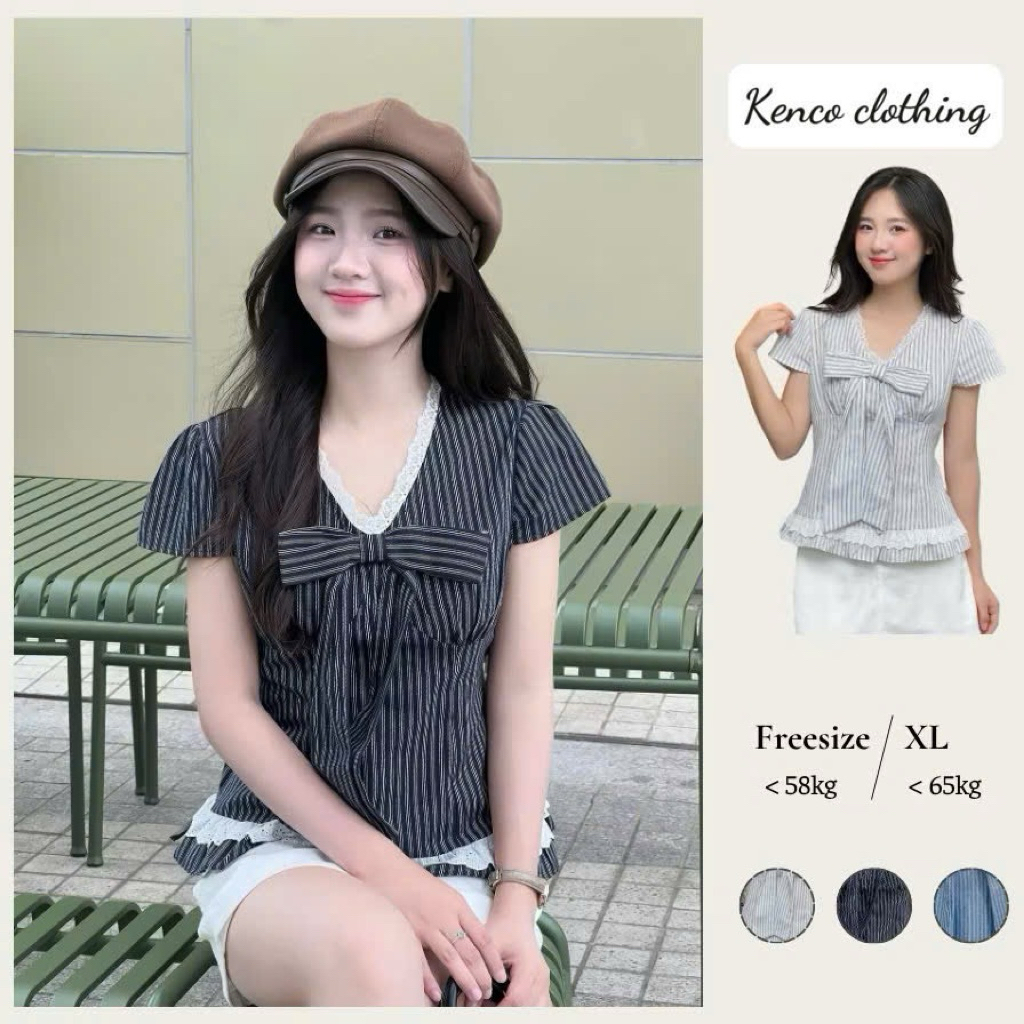 เสื้อโบว์ลายสก๊อตลูกไม้น่ารักเสื้อระบายน่ารักแฟชั้น - เคนโก้ - ก9100