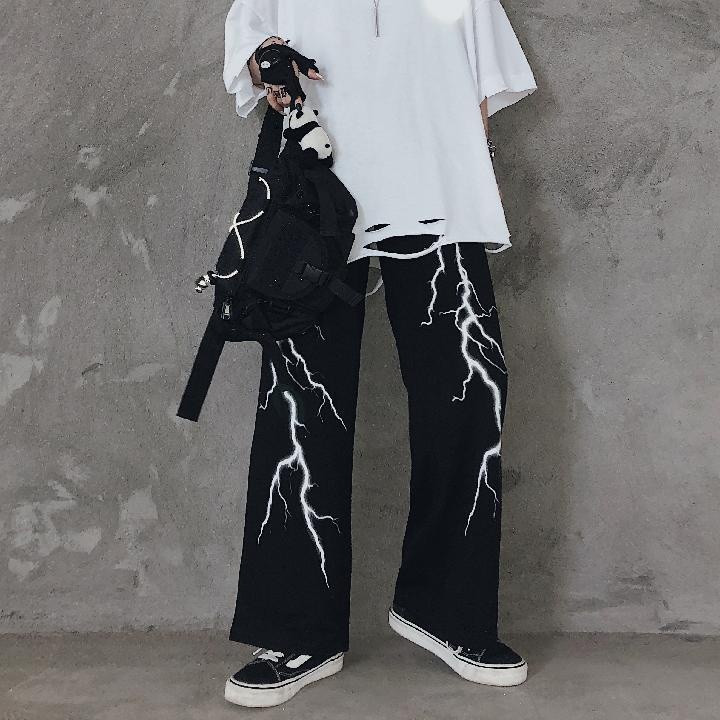 กางเกงขากว้างผู้หญิง LIGHTNING Flannel Pants ทรงหลวมเอวสูงมีเชือกผูกนุ่ม สไตล์สปอร์ต - win99 K1