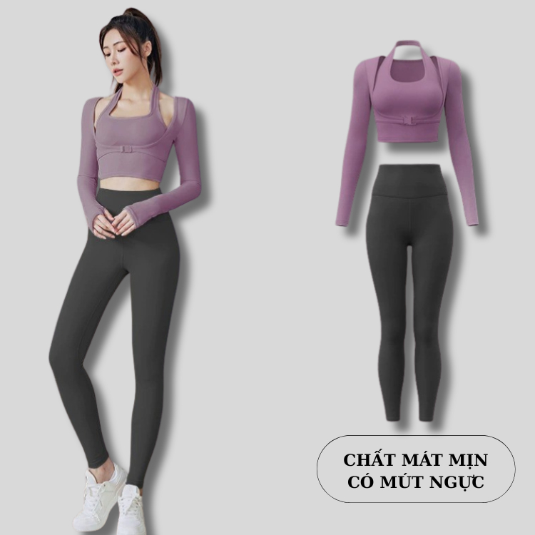 ชุดออกกําลังกายผู้หญิงหรูหราแขนยาว 2 ชิ้น: เสื้อครอปคอปกสายเดี่ยวพร้อมบรายกกระชับ + เลกกิ้งเอวสูงยืด
