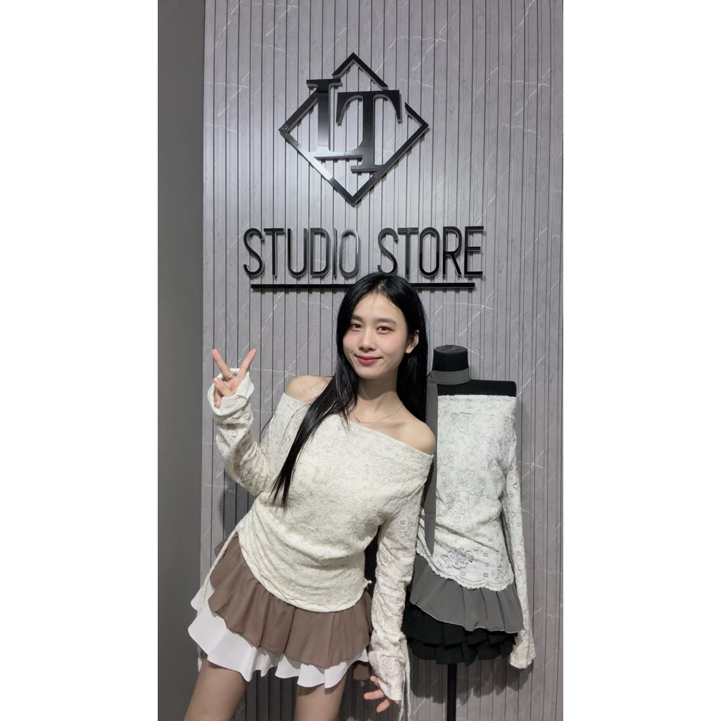 LT - เสื้อยืดผู้หญิงคอปกเปิดไหล่กระโปรงเทียมพร้อมผ้าพันคอสไตล์ ออลจัง ย2เค ไม่ซ้ําใคร 1431