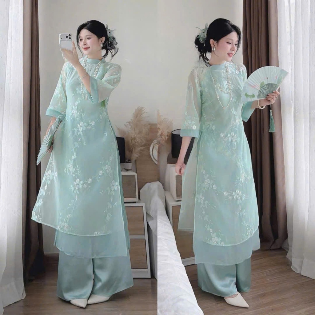 Blue ao dai Set WITH PANTS for Tet 2026, metallic ao dai พร้อมคอเต่าและแขนหลวมปักดอกมะลิหยกบริสุทธิ์