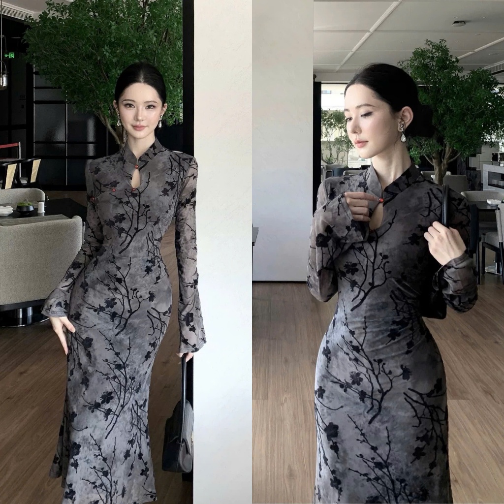 V39 Cheongsam BODY DRESS LONG SLEEVES TEAR DROP คุณภาพสูง VELVET PRESSED / V39 เดรสดีไซน์กี่เพ้าคอปก