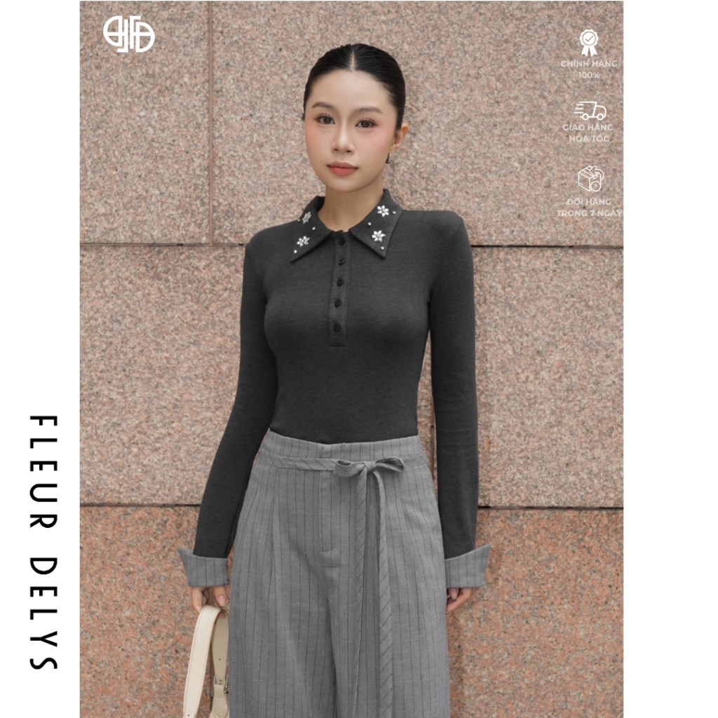 Fleleurdelys เสื้อยืดแขนยาวผู้หญิง คอปกเยอรมันสีเทา ดอกไม้ตกแต่ง DLC297