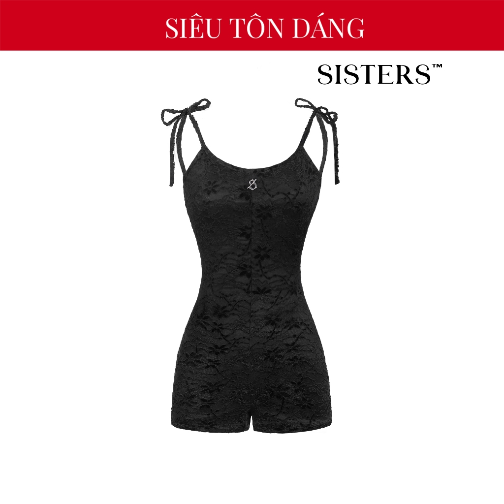 SISTERS จั๊มสูทลูกไม้ผู้หญิงโชว์หลัง เซ็กซี่ SISTERS ออกแบบด้วยสายสั้น 2 เส้น แฟลตสุดๆ Jullia สีดํา 