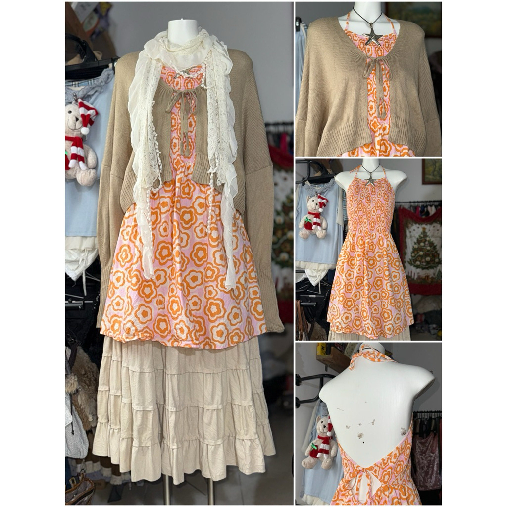 [2hand_thrift] Set: เสื้อคลุมไหมพรม M, เดรสสายเดี่ยวหยาบ ML C0tt0n 0n