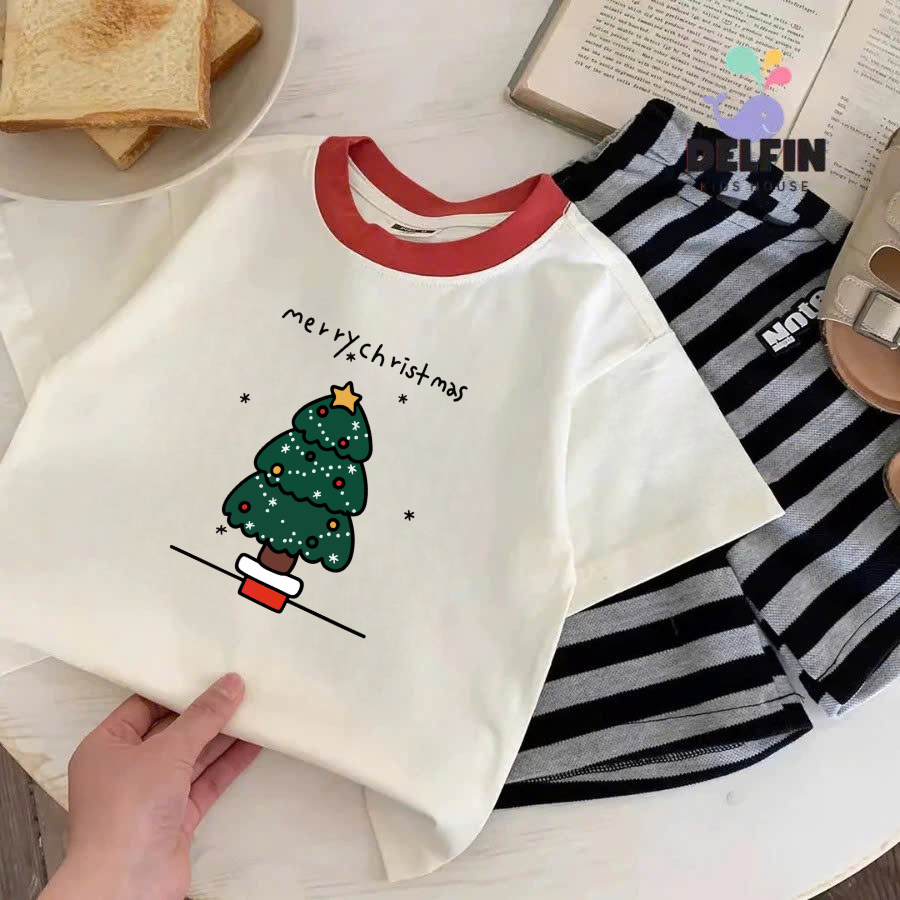 [HCMC EXPRESS] Delfinkids เสื้อยืดแขนสั้นขอบแดง NOEL สําหรับเด็กหญิงและเด็กชาย เสื้อทารก จาก 10-30กก