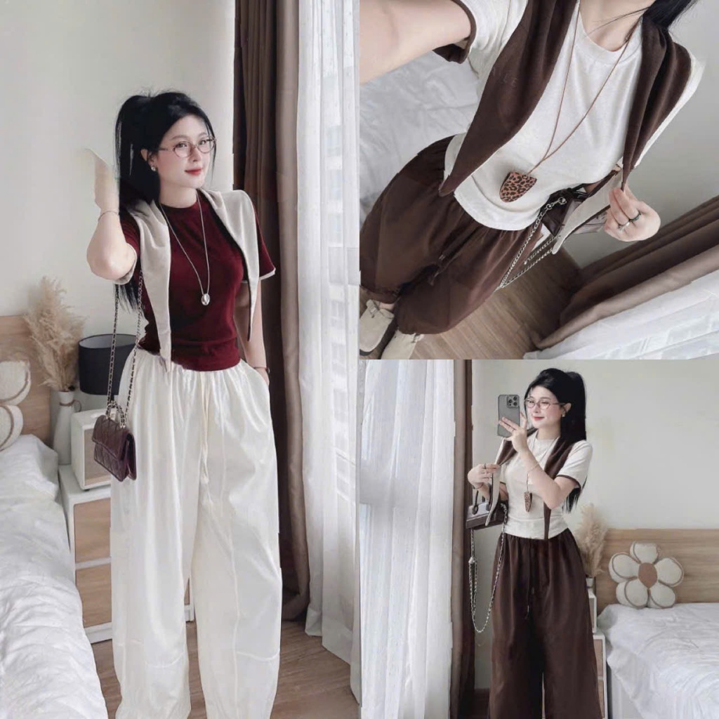 ชุดเซตขายาว-ชุดสุดน่ารักสําหรับสาวๆออกไปข้างนอกถนนหรือออกไปข้างนอกเสื้อยืดคอกลมแขนสั้นพร้อมกางเกงระบายผ้าไหมเฉียง+ผ้าคลุม