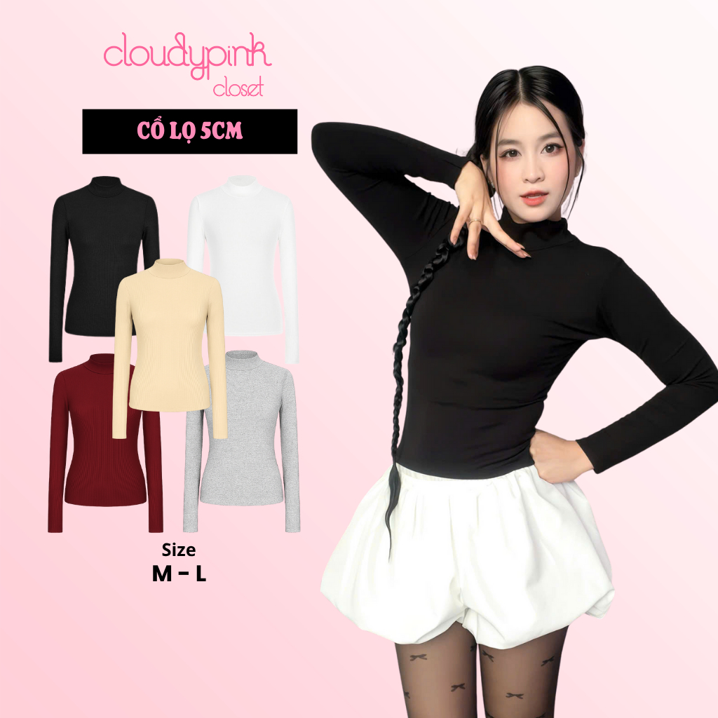 เสื้อคอเต่าแขนยาวผ้าฝ้ายยืดเข้ารูปขั้นพื้นฐาน – Cloudy Pink Closet ADT9