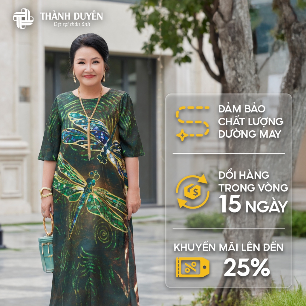 Thanh Duyen Middle-Aged Silk Dress ลายแมลงปอเรียบหรู แขนสั้น ทรงเอหลวม โปร่ง - D105-VX04
