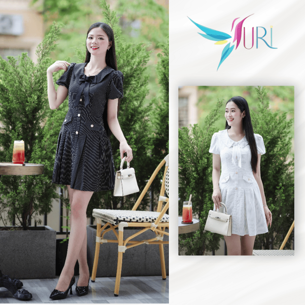 เดรสเลดี้ลายทางสั้นหรูหรา URI คอปกบัวผูกโบว์