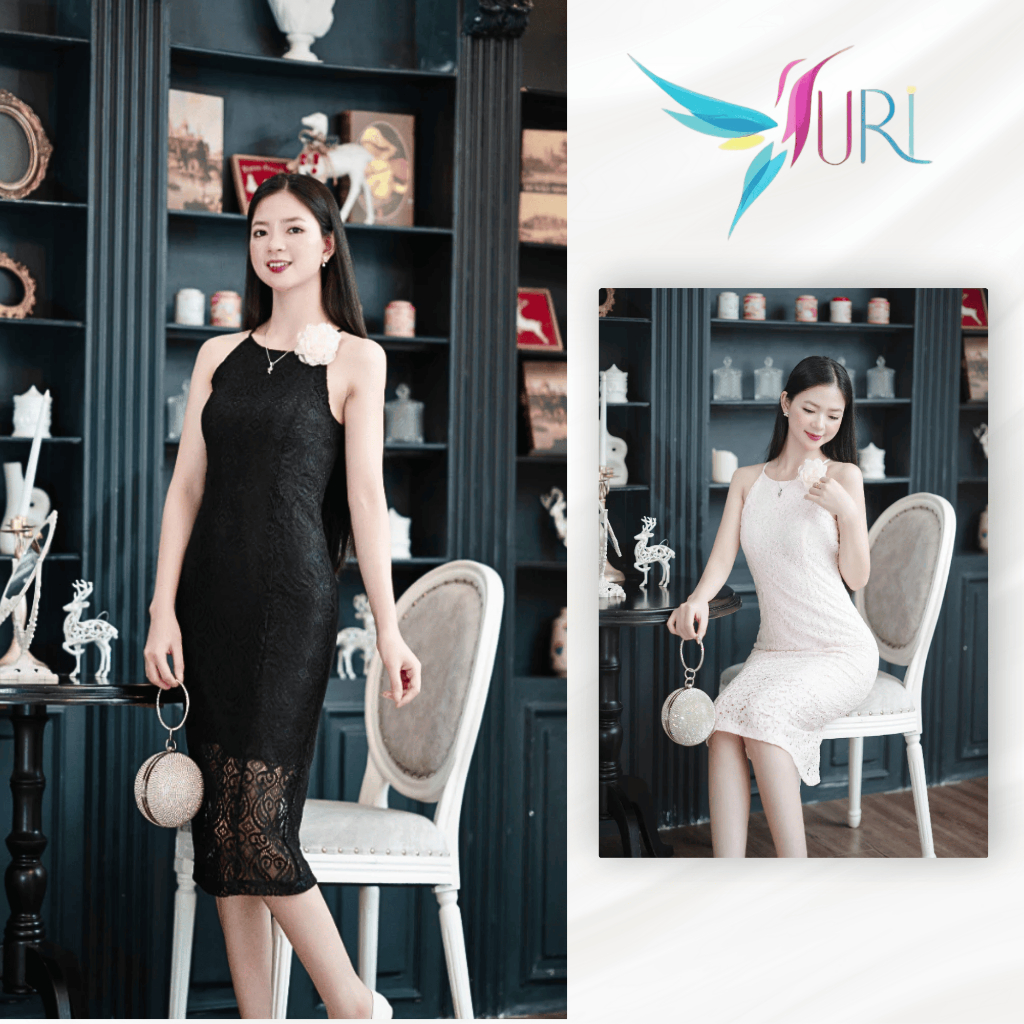 เดรสลูกไม้คล้องคอลายดอกไม้ URI เรียบหรู