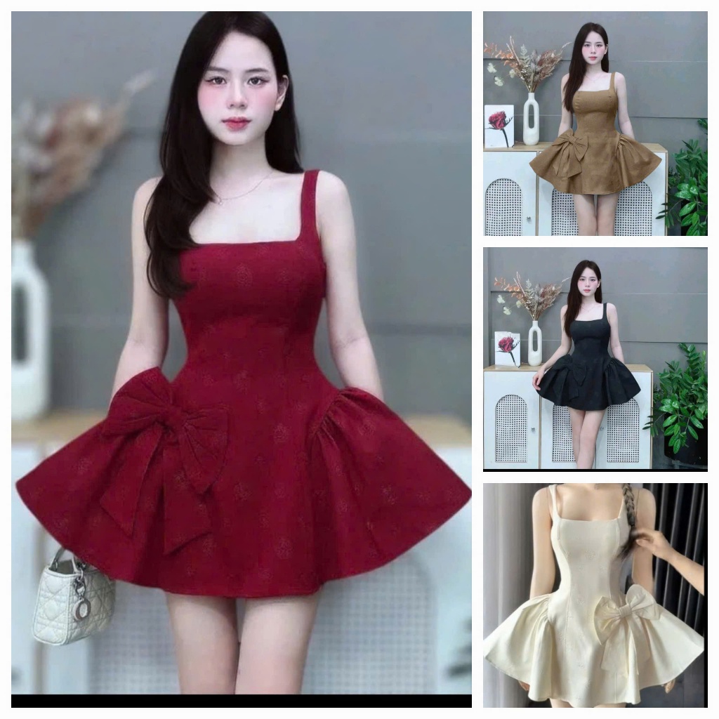 เดรสสั้น-เดรสผู้หญิงดอกไม้นูน 4 สี แฟลตหุ่น สําหรับปาร์ตี้ เดรส 2 สาย ทรงบานสั้นแต่งโบว์