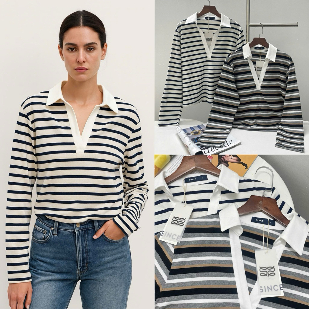 THE HIFU - เสื้อยืดคอปกเปิดลงแขนยาวลายทางอ่อนเยาว์รูปแบบพื้นฐานที่ประกอบขึ้นง่าย 2 สี