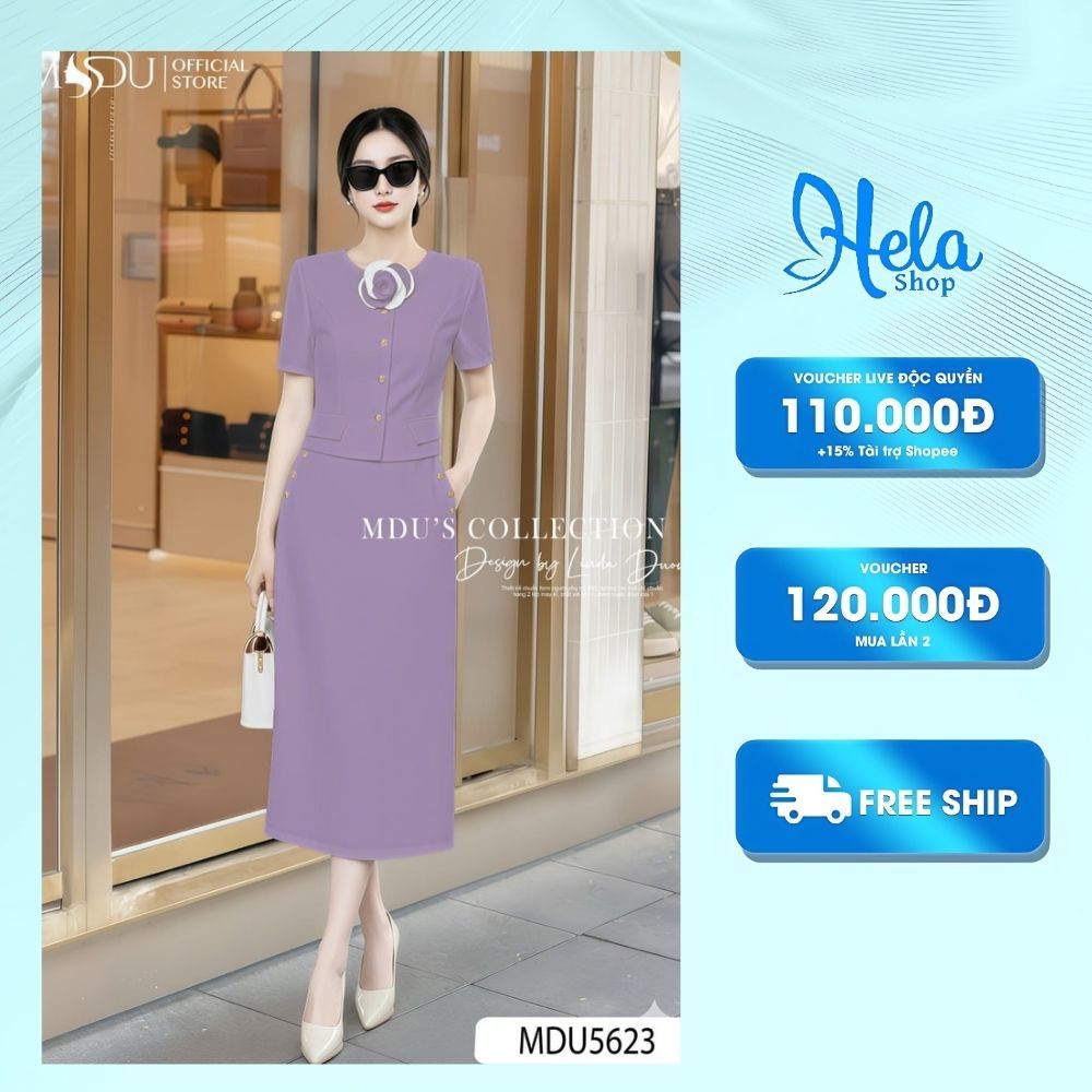 ชุดสํานักงานเสื้อคอกลมสั้นพร้อมกระโปรงยาวมีกระเป๋าและร่องหรูหราในข้อความริบร่อง MDU5623