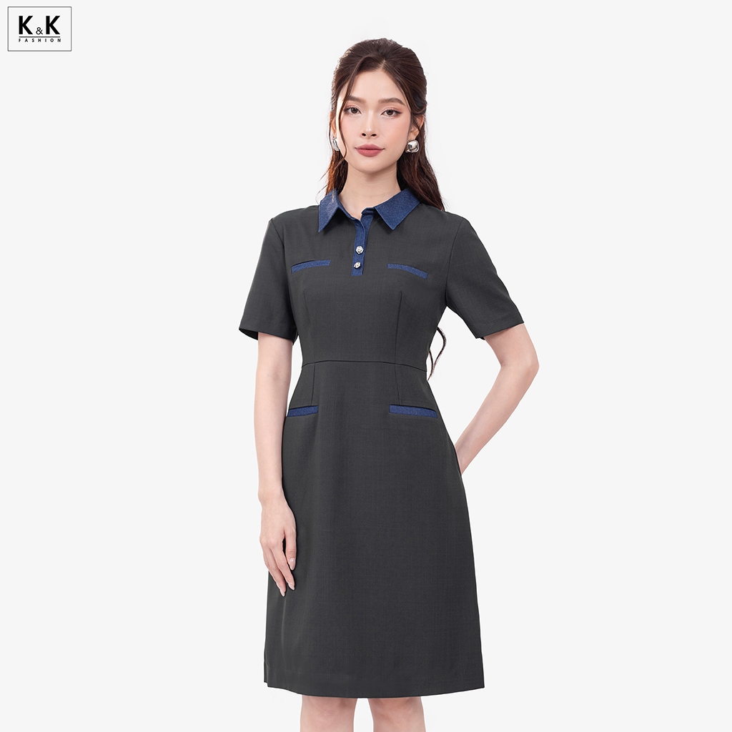 เดรสออฟฟิศสีเทาคอปกเชิ้ตสีน้ําเงิน K&K FASHION KK179-19 Material ผ้าเชื่อมผสมยีนส์